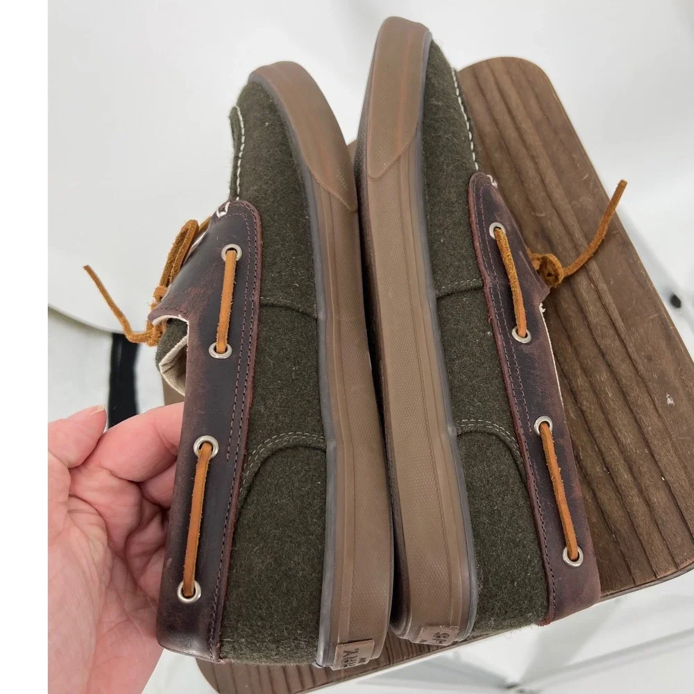 Sperry Top-Sider Bahama II Mens 12 Olive Green Wool Leather Boat Shoes STS18119